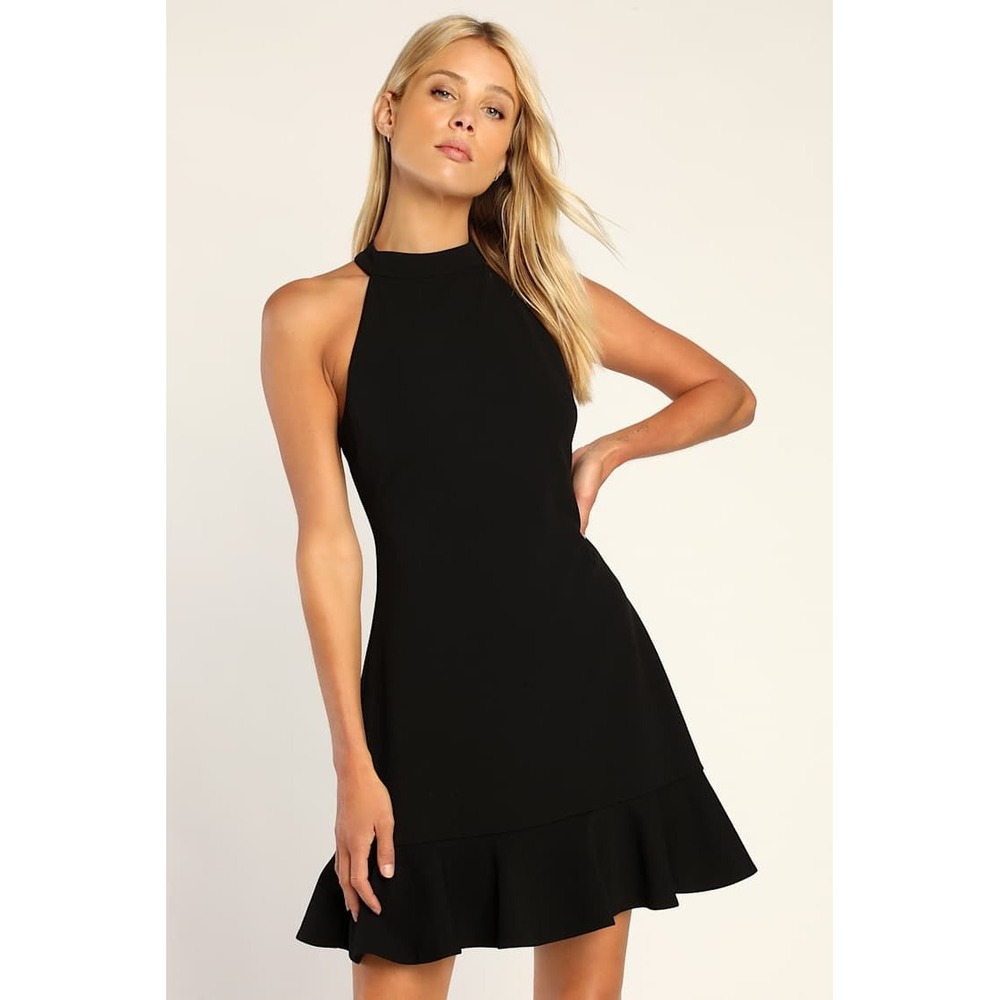 Lulus All About Dancing Black Halter Ruffled Mini Dress Medium NWT
